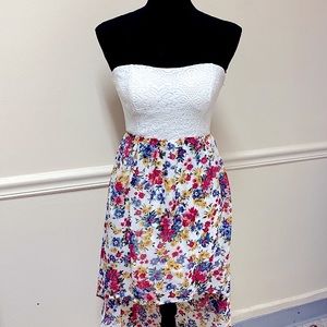 Strapless White Lacy Top, Floral, High Low Bottom, Cut-Out Back Dress